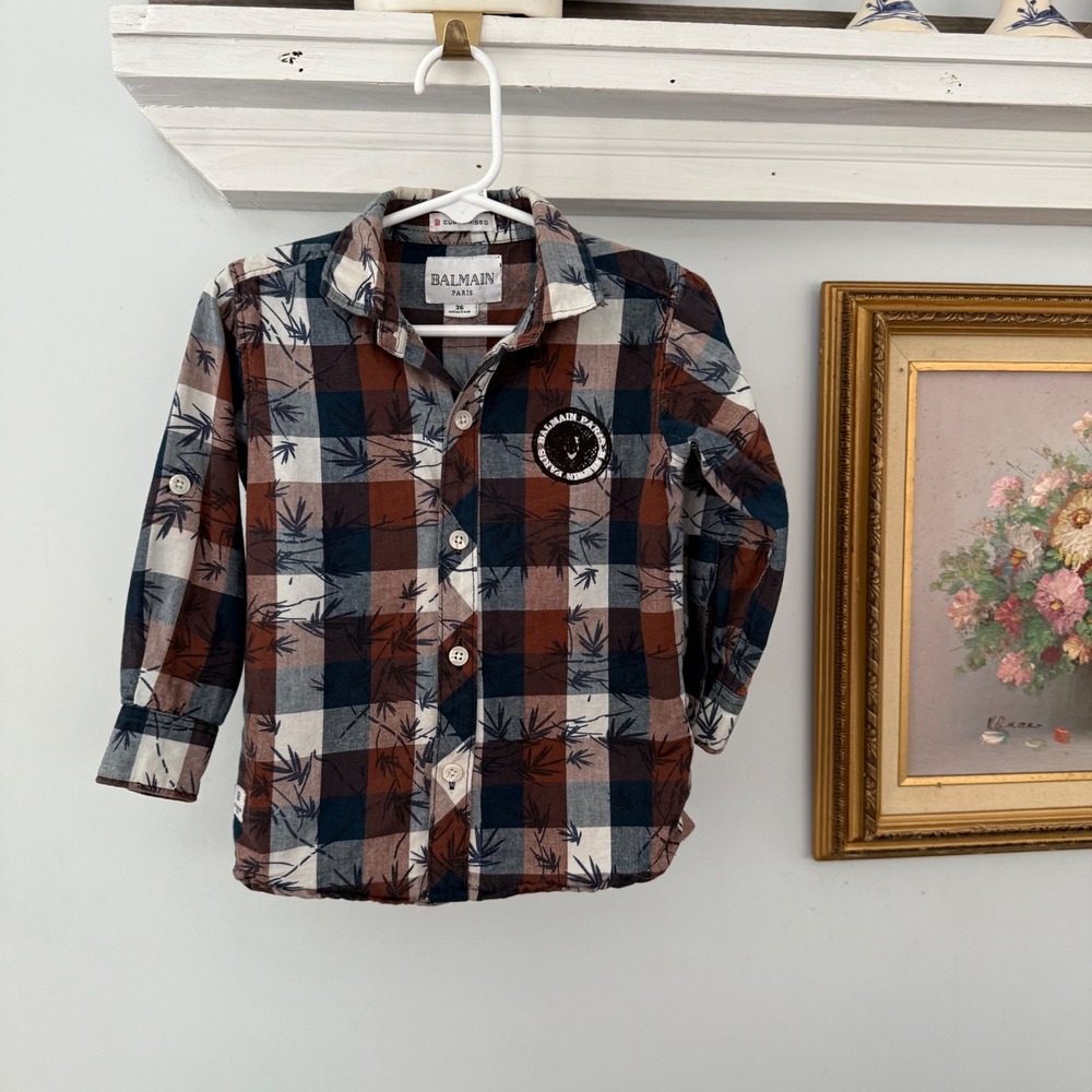 Balmain Paris‎ Boys Button-Down Shirt – 36 Months (3T) | Plaid Print Logo Patch